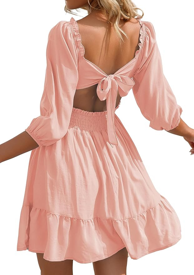 Phortric Womens Tie Back Summer Dress Square Neck Long Lantern Sleeve Off Shoulder A-Line Casual ... | Amazon (US)