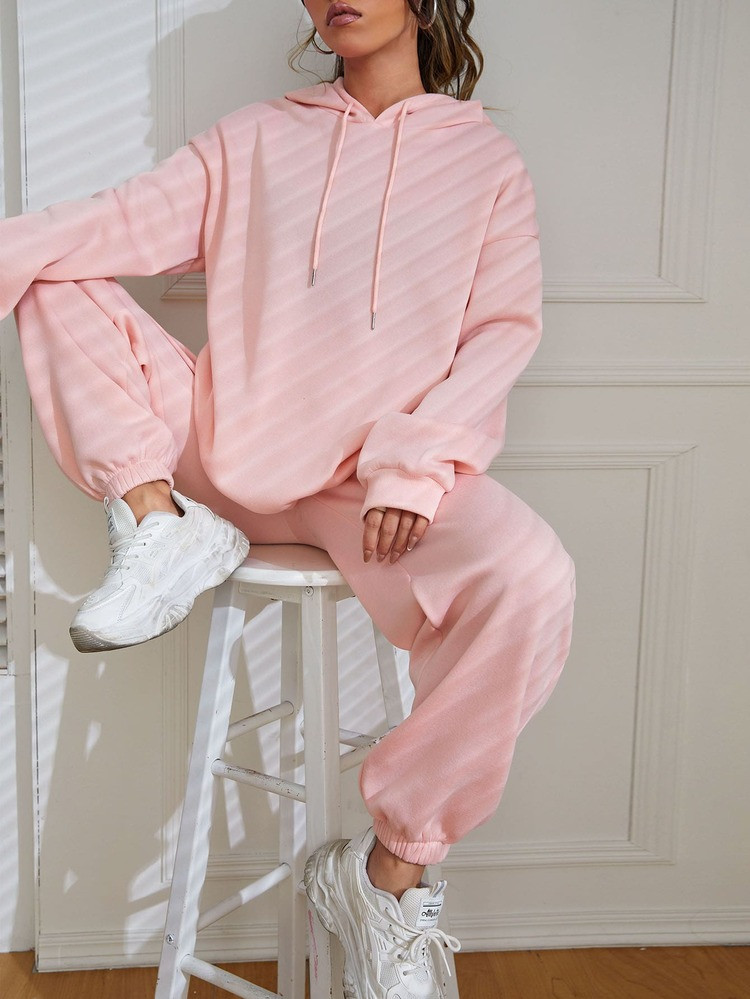 Solid Drop Shoulder Drawstring Hoodie & Sweatpants | SHEIN