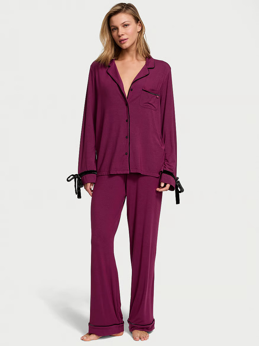 Buy Modal Soft Velvet-Trim Long Pajama Set, Plum Rouge - Order Pajamas Sets online - Victoria's S... | Victoria's Secret (US / CA )