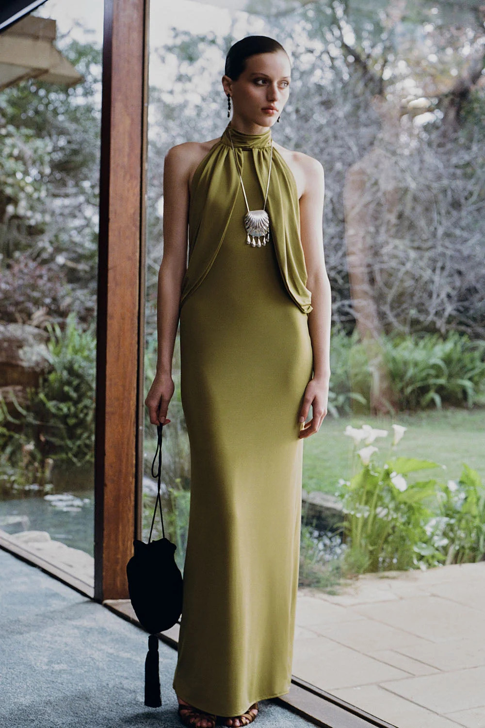 Joan Halter Neck Slinky Maxi Dress - Martini Olive | MESHKI US