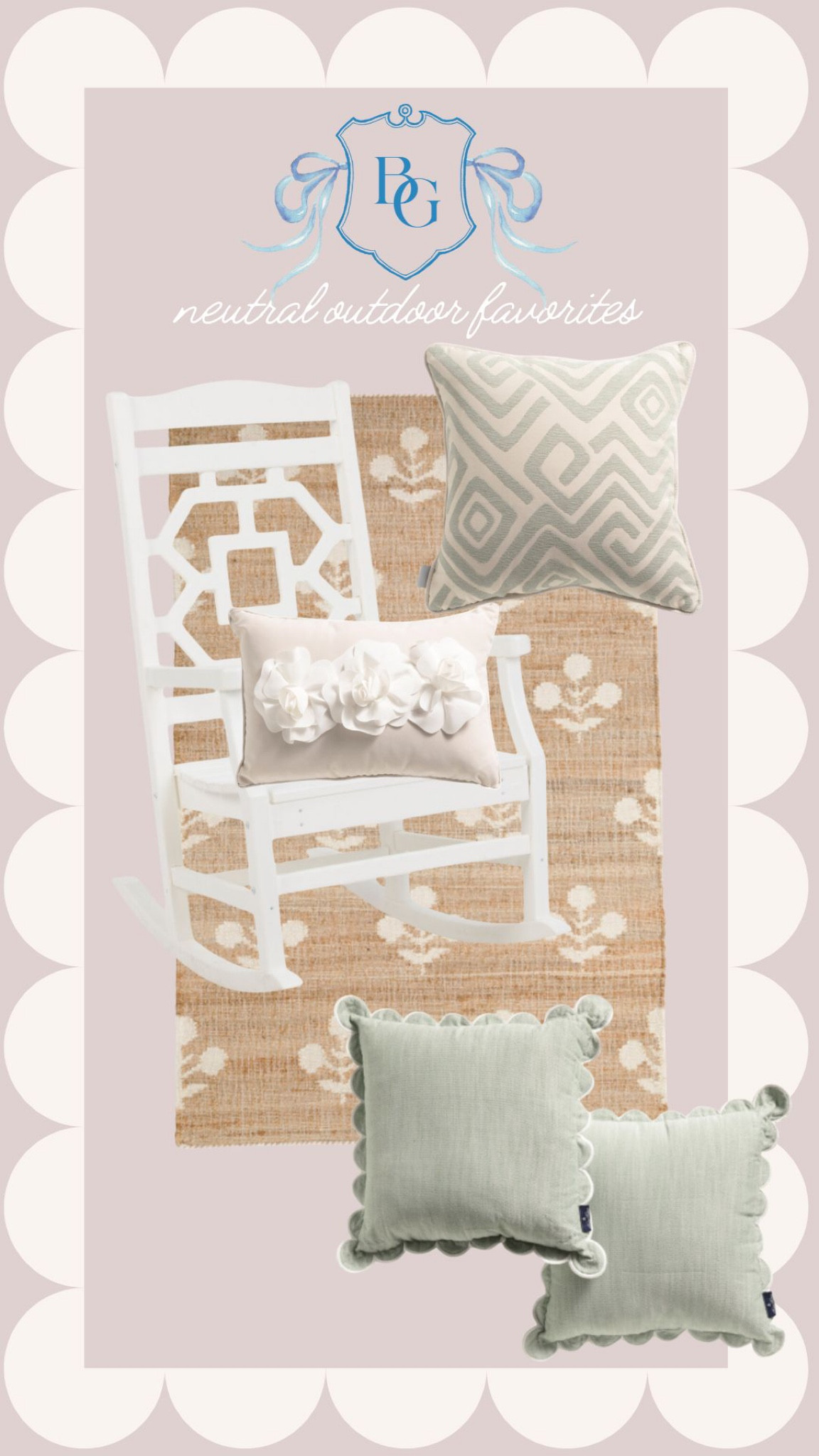 Neutral outdoor decor 
Outdoor pillows 
Outdoor furniture 
Rocking chair 
Scalloped pillows 
Jute rug 
Sisal rug 

#LTKStyleTip #LTKSummerSales #LTKSeasonal