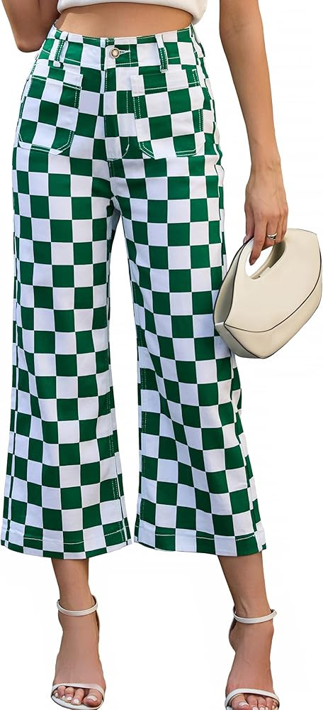 Straight Leg Jeans for Women Checkered Pants Casual High Waisted Stretchy Cropped Trousers with P... | Amazon (US)