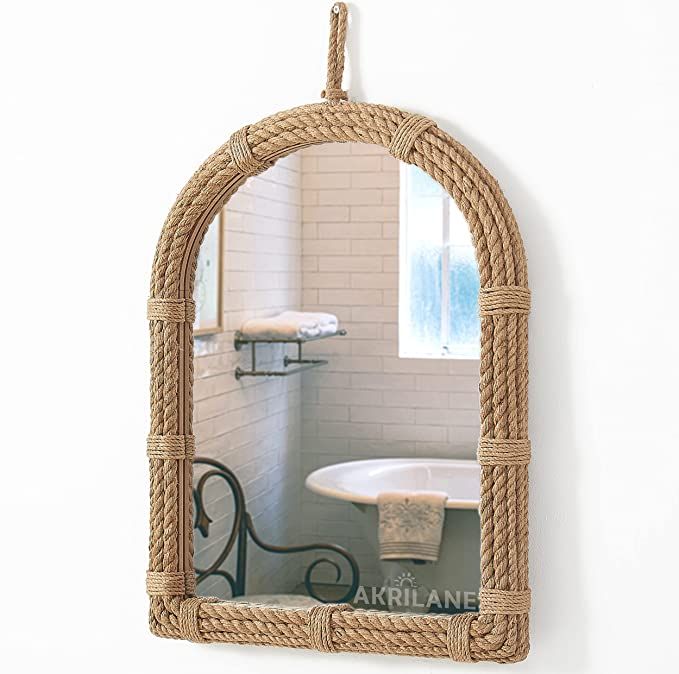 AKRILANE Wall Mounted Mirror with Natural Rope Finish, French Nordic Rustic Farmhouse Style Mirro... | Amazon (US)