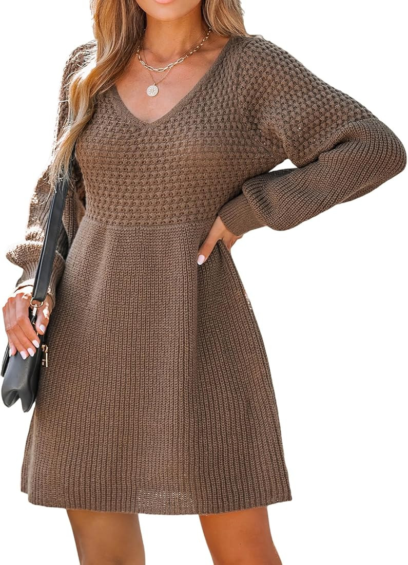 CUPSHE Women's Sweater Dress V Neck Honeycomb Long Sleeve Textured Casual Knit Pullover Dresses | Amazon (US)