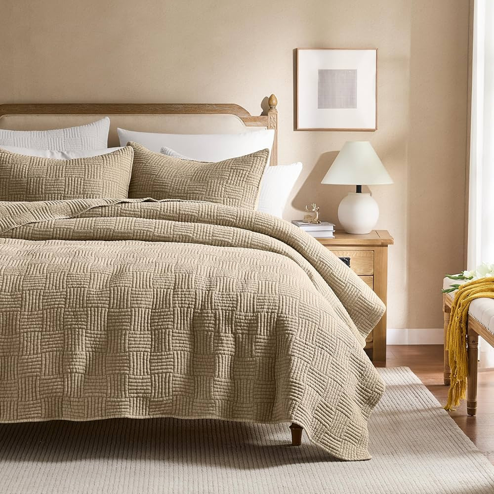 WDCOZY Beige King Size Quilt Set, Muslin Cotton Shell Down-Alt Poly Filling, Tan Taupe Camel Shab... | Amazon (US)