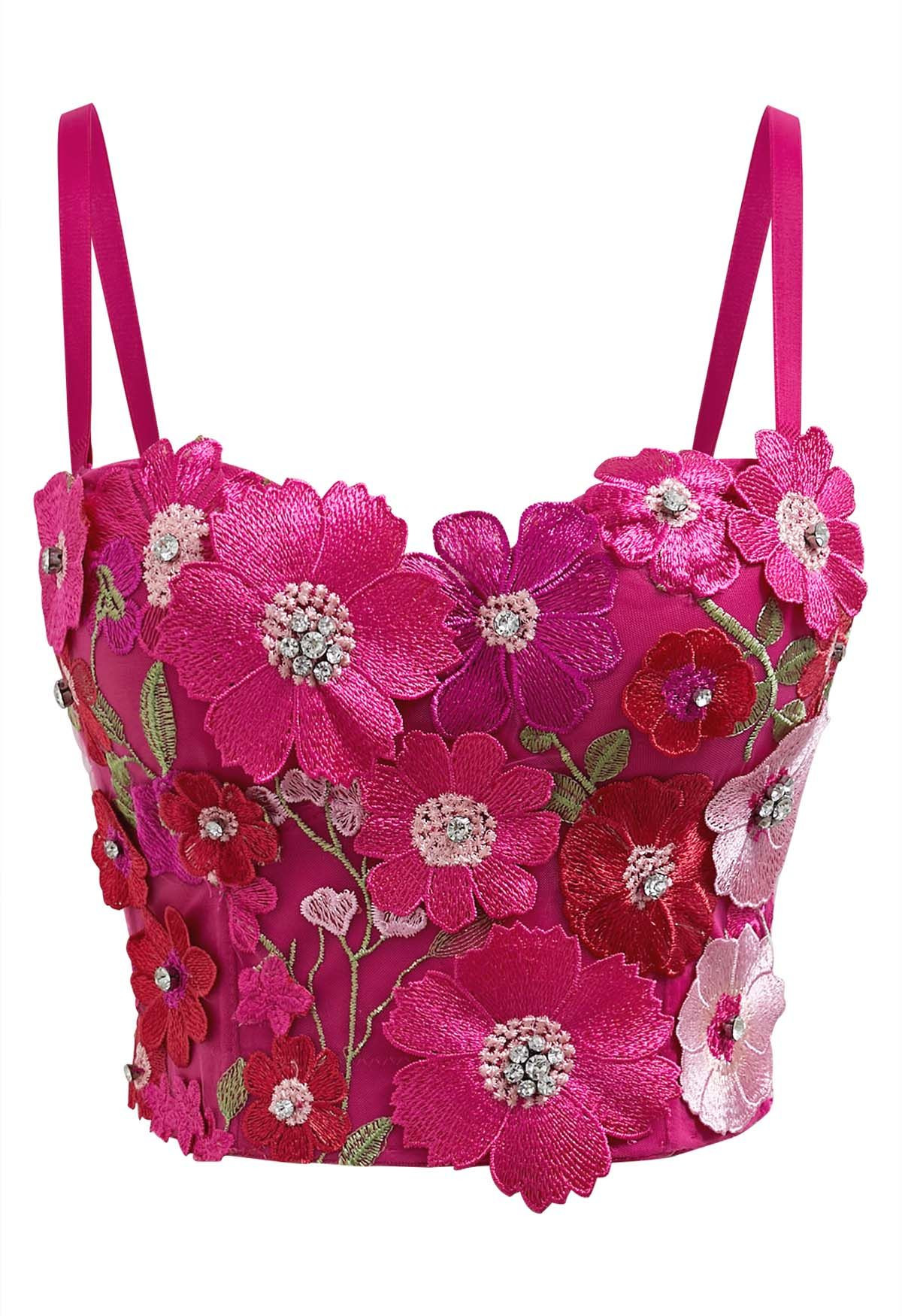 3D Floral Applique Rhinestone Bra Top in Magenta | Chicwish