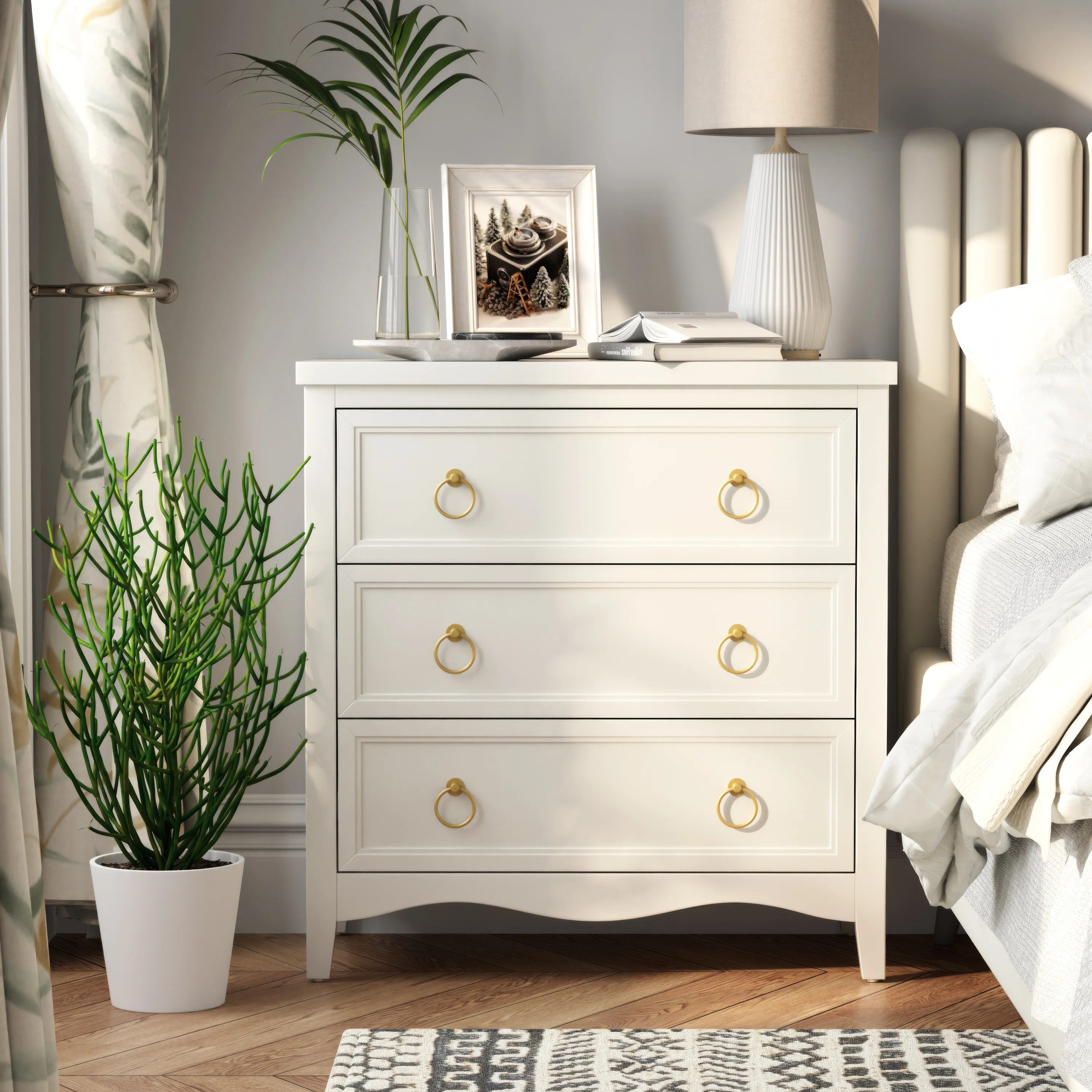 Winston Porter Farmhouse Fully-Assembled White 3-Drawer Dresser Chest, Vintage Nightstand With Br... | Wayfair North America