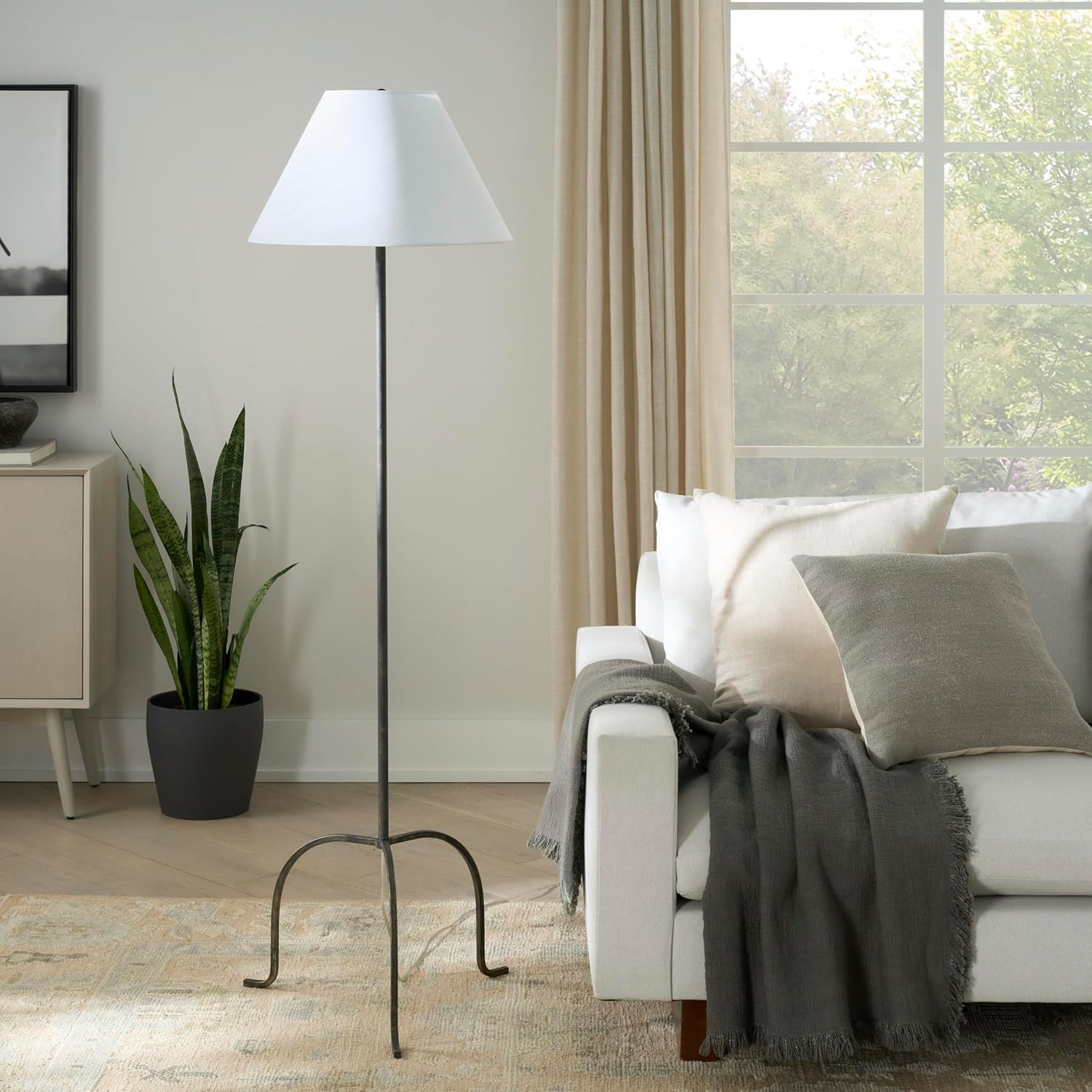 Nourison Home 66" Black Wrought Iron Heritage Metal Slim Tripod Standing Floor Lamp for Modern, Industrial, Minimalist Living Room, Bedroom, Dining Room, Reading | Amazon (US)