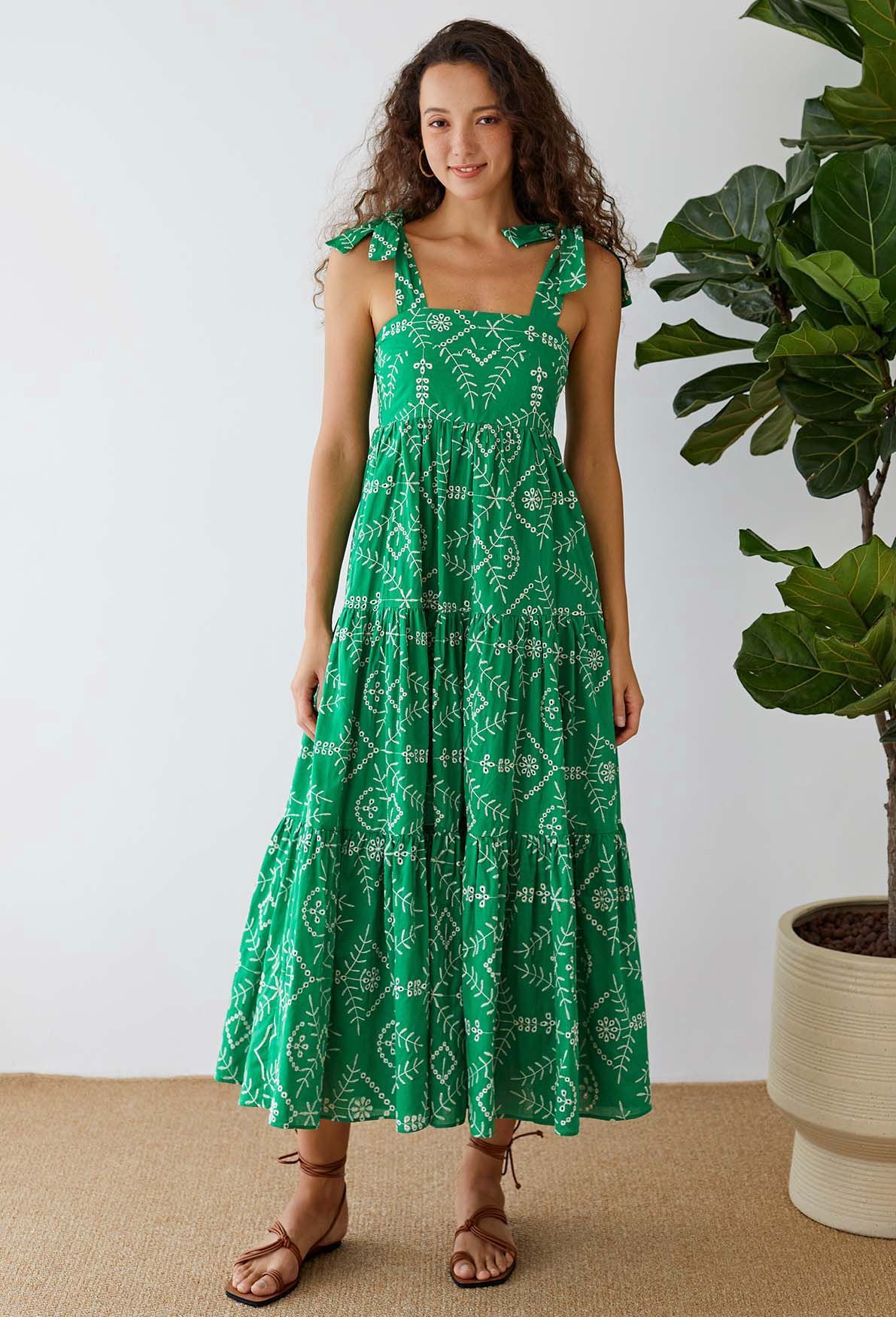 Green Eyelet Embroidered Tie-Strap Maxi Dress | Chicwish