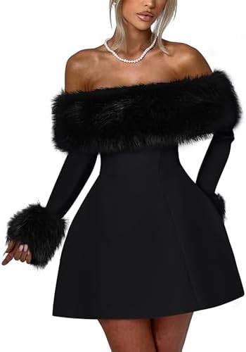 YMDUCH Women's Off Shoulder Long Sleeve Fur Trim A-Line Party Club Mini Dress | Amazon (US)