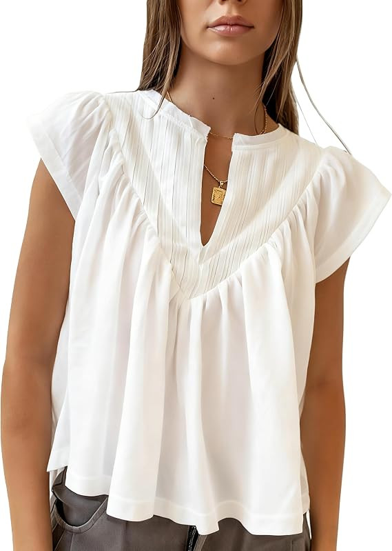 Megfie Babydoll Tops for Women Chiffon Tops for Women Pleated Shirts V Neck Peplum Cute Going Out... | Amazon (US)
