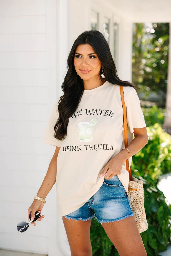 Save Water Drink Tequila Ivory Oversized Graphic Tee SALE | Pink Lily