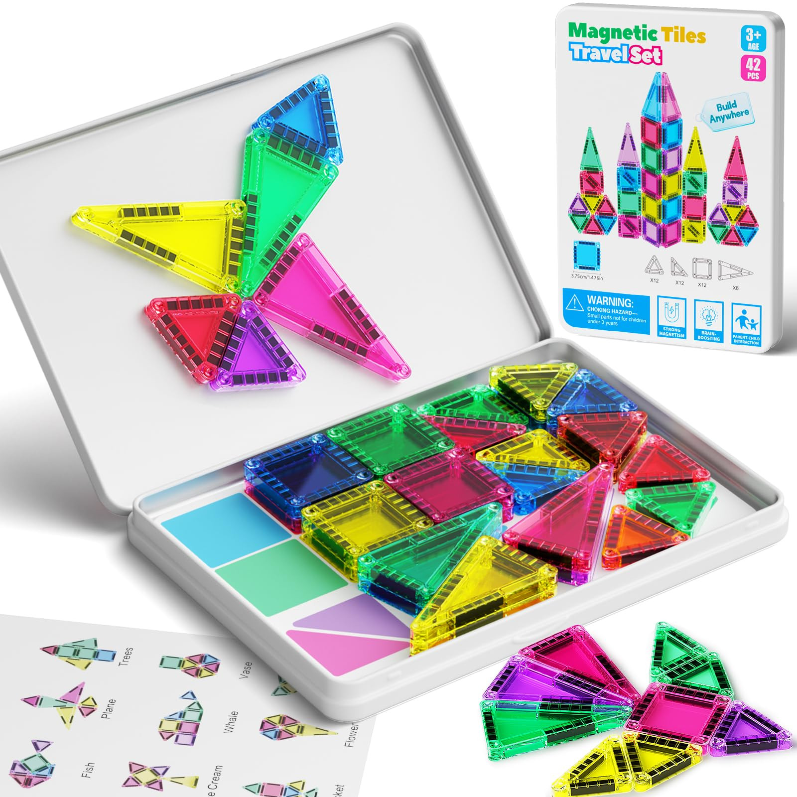 42PCS Mini Magnetic Tiles Travel Set with Iron Storage Box - Portable STEM Building Blocks for Ki... | Amazon (US)