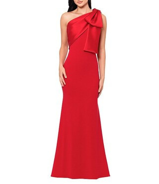 Satin Bow One Shoulder Scuba Crepe Sleeveless Mermaid Gown | Dillard's