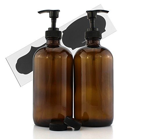 16-Oz Empty Amber Glass Boston Round Bottles w/ Black Lotion Pump Dispensers (2-Pack); Refillable Li | Amazon (US)