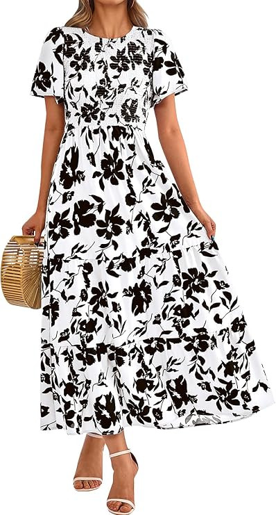 PRETTYGARDEN Womens Floral Summer Casual Flutter Short Sleeve Crew Neck Smocked Tiered Long Dress... | Amazon (US)