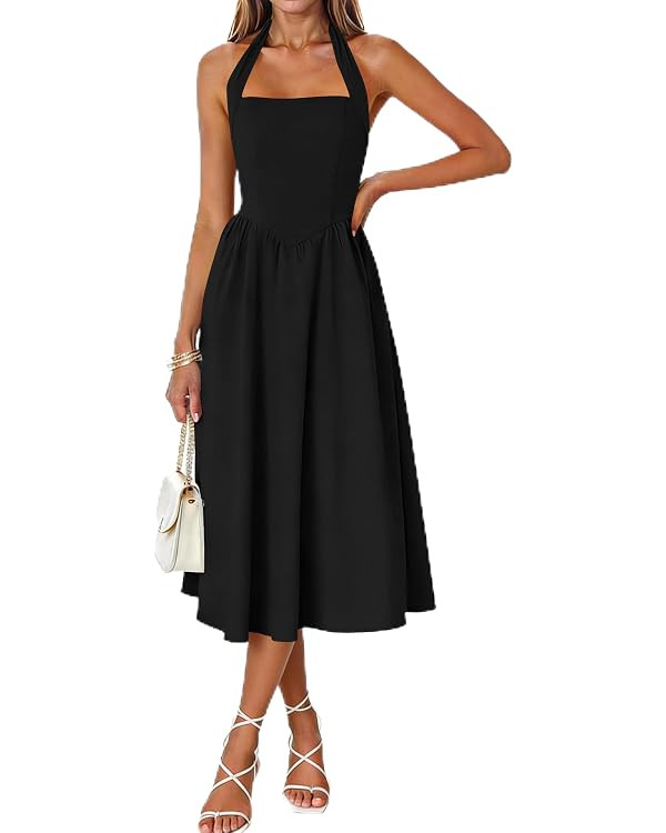 Naggoo Women's Summer Halter Midi Dress Sleeveless High Waist Swing Beach Long Dresses | Amazon (US)