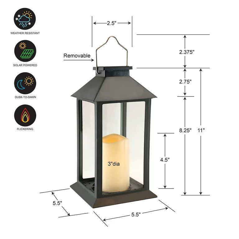 LumaBase Solar Powered Plastic Lantern with Flickering LED Candle and Hanging Hook - Traditional ... | Walmart (US)