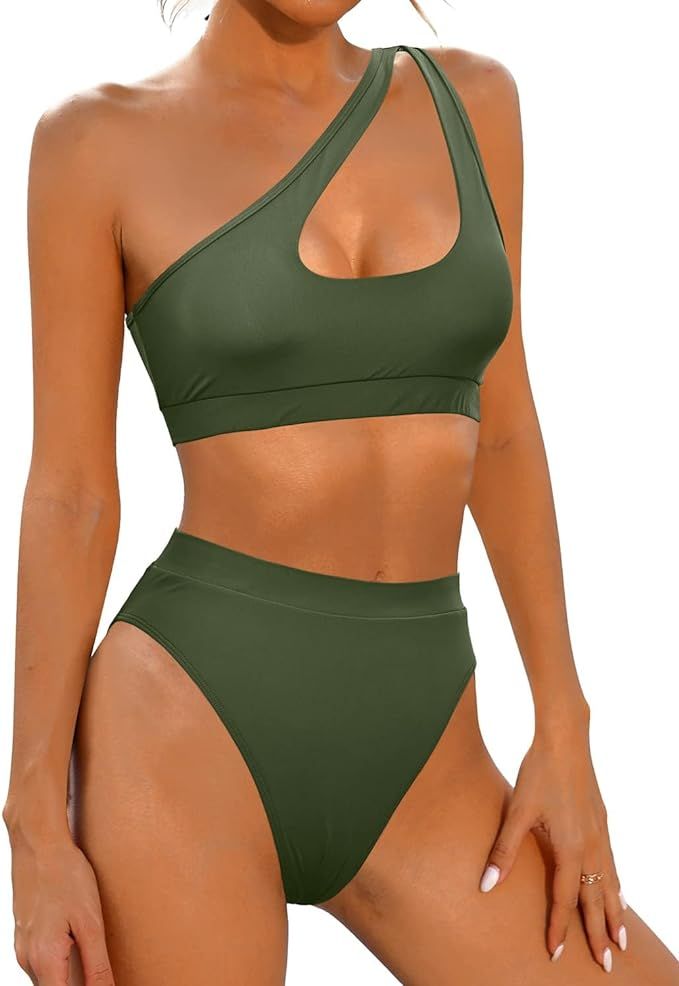 Holipick Women's One Shoulder High Waisted Cheeky Bikini Set Two Piece Swimsuits Cut Out Bathing ... | Amazon (US)