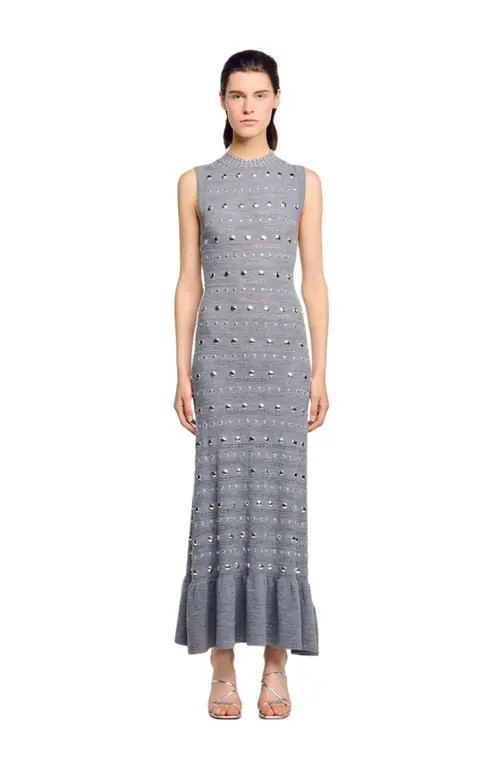 SANDRO Knit maxi dress with studs in Grey at Nordstrom, Size 40 Eu | Nordstrom