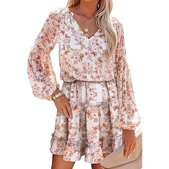 SHEWIN Womens 2022 Fall Summer V Neck Boho Dress Floral Print Ruffle Long Sleeve Flowy Casual Mid... | Amazon (US)