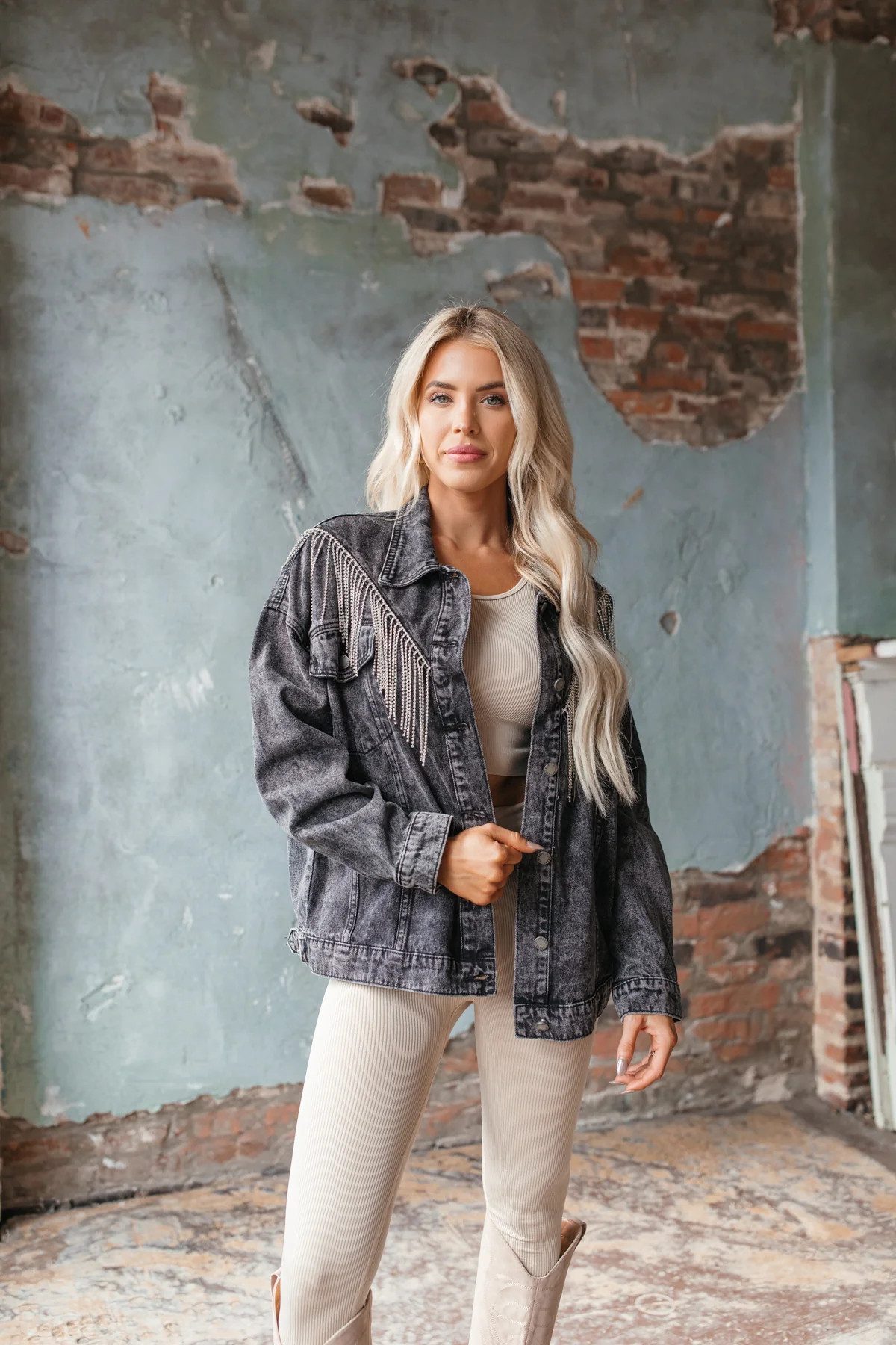 Sienna Rhinestone Fringe Denim Jacket Black | The Post