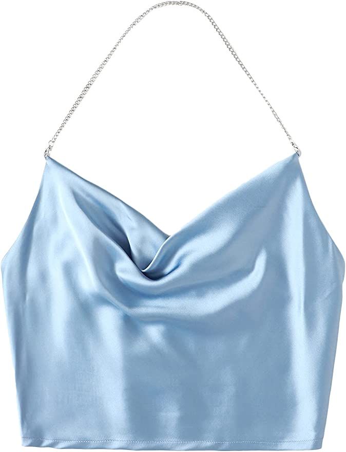 SheIn Women's Satin Chain Halter Neck Shirred Back Draped Crop Cami Top | Amazon (US)