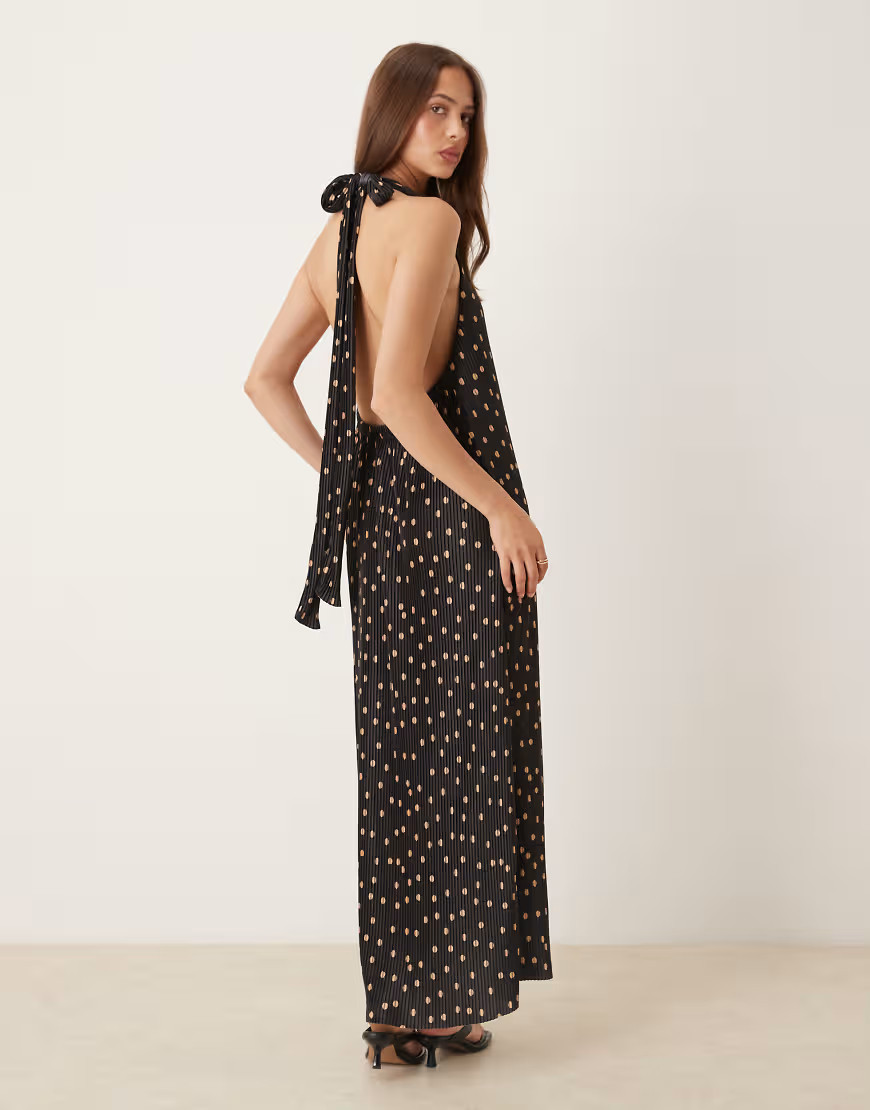 ASOS DESIGN plisse halter maxi dress in black with chocolate polka dots-Multi | ASOS (Global)