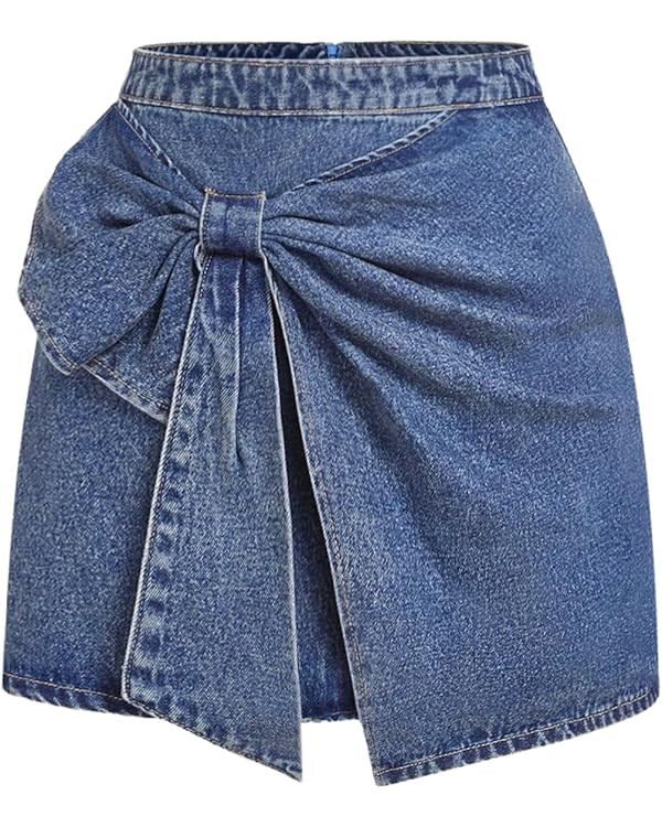Floerns Women's High Waisted Big Bow Wrap Front Mini Bodycon Denim Skirts | Amazon (US)