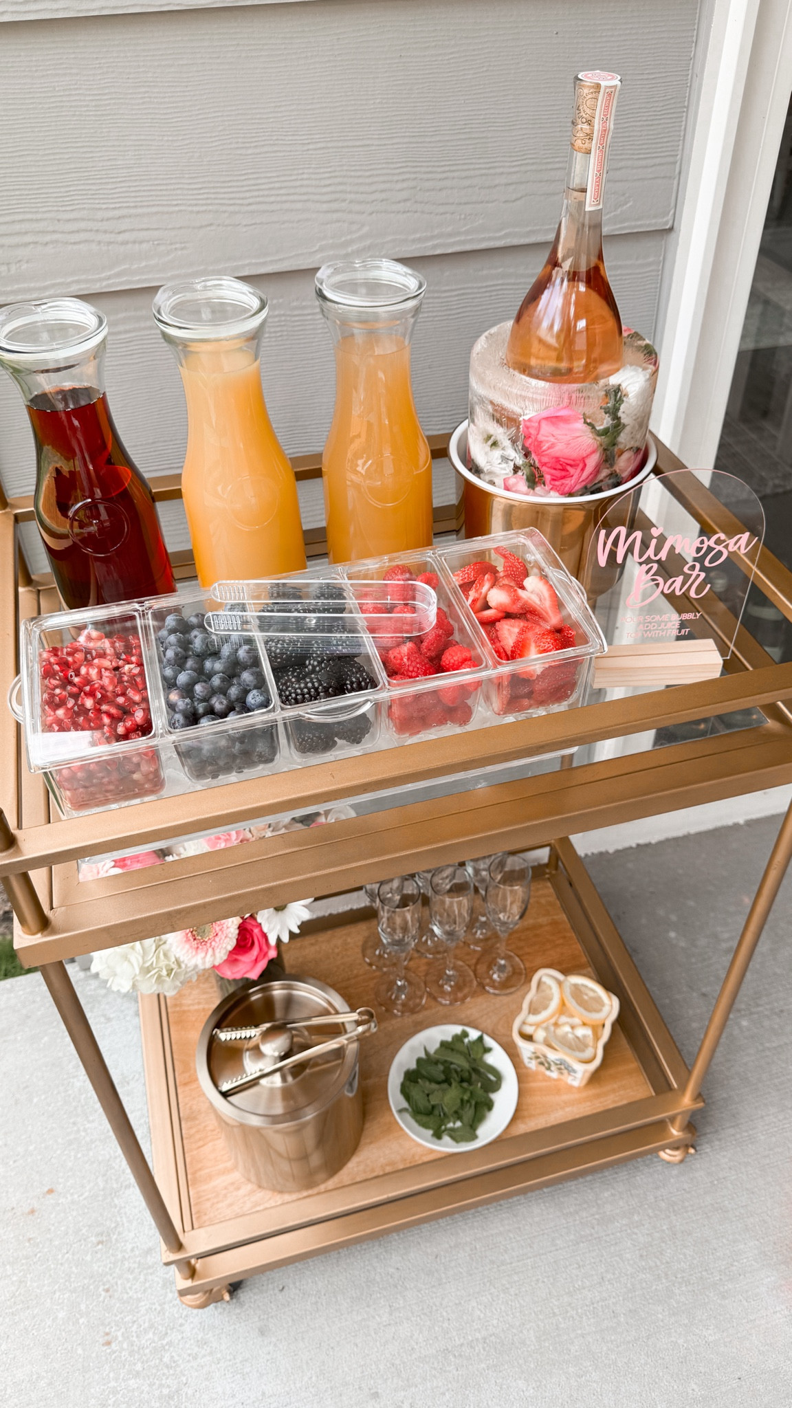 MIMOSA BAR CART! 

gold bar cart, glass carafes, berry holders, condiment serving tray, custom acrylic sign, and gold ice bucket 

#LTKSeasonal #LTKParties #LTKHome