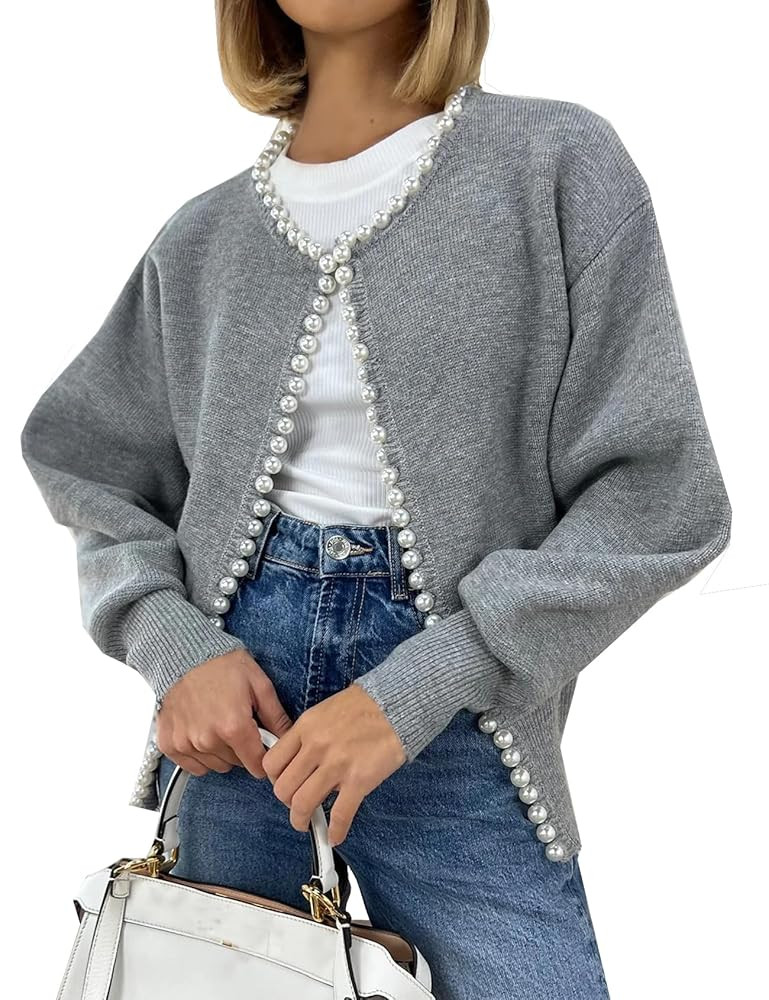 Kedera Womens Casual Pearl Cardigan 2025 Spring Elegant Embellished Long Sleeve Oversized Knit Sw... | Amazon (US)