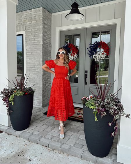 In a small red puff sleeve overlay tiered midi dress, tie up espadrilles and accessories for summer from amazon - fits TTS.

#LTKSeasonal #LTKstyletip #LTKunder50