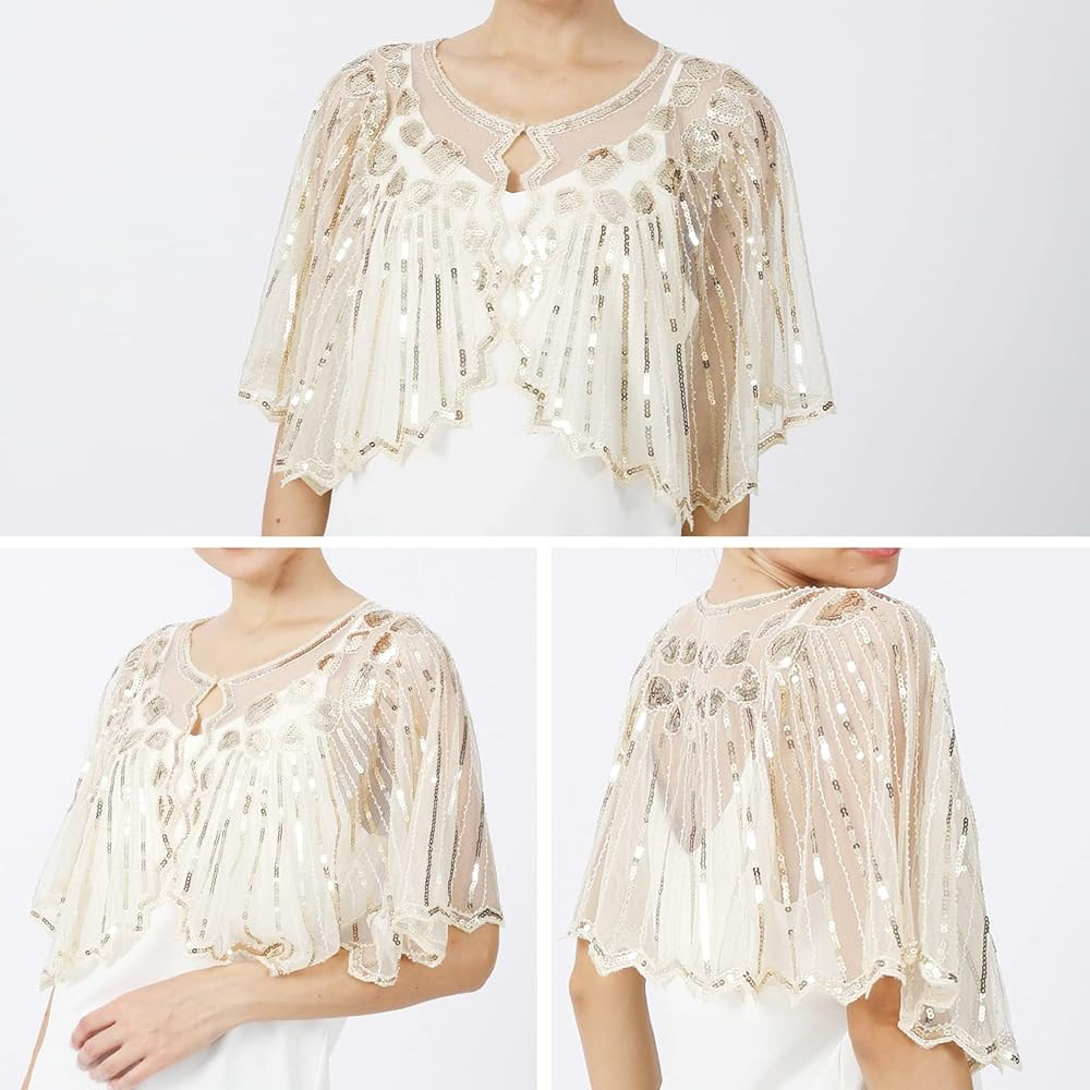 Bacophy Women's 1920s Shawl Wraps Beaded Sequin Gatsby Cape Evening Bolero Flapper Cover Up | Amazon (US)