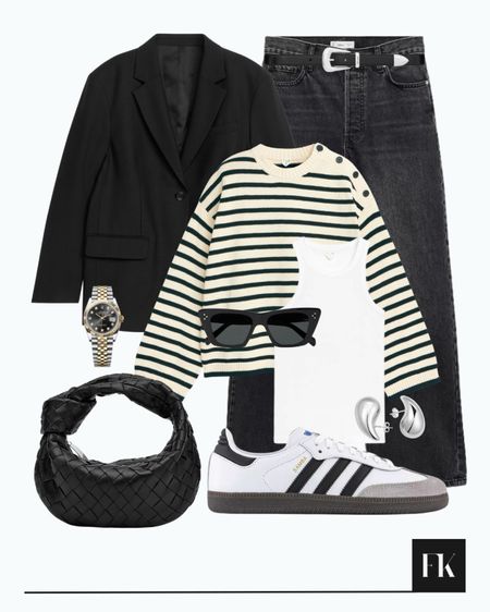Monochrome black and white stripes, black blazer styled with striped jumper, black jeans and accessories, Bottega Veneta Jodie, Adidas Sambas

#LTKSeasonal #LTKshoecrush #LTKstyletip