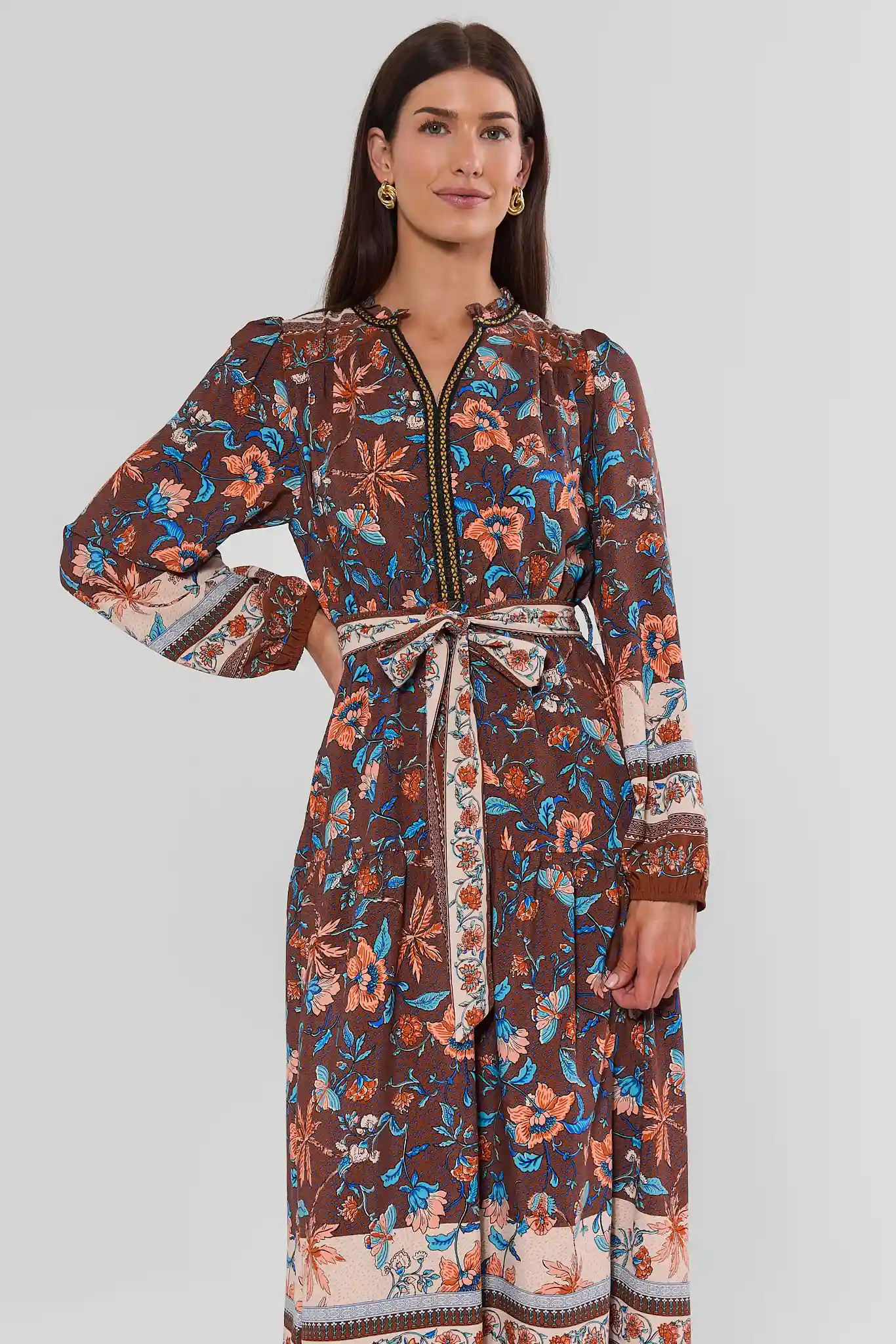 Brown Multi Printed Midi Dress | Avara