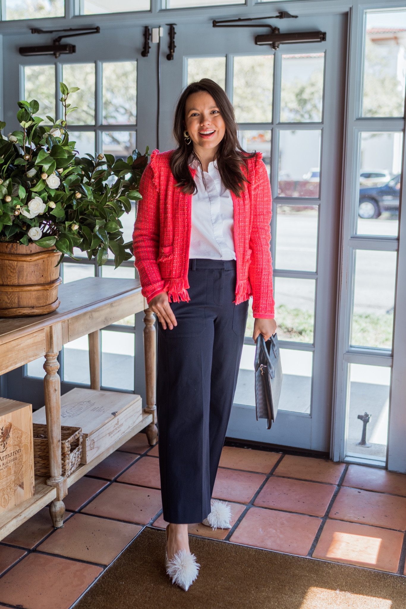 Hot pink tweed blazer and wide leg navy blue dress pants. Wear to work outfit, baby shower outfit idea. Pants are true to size! 

#LTKworkwear #LTKunder100 #LTKshoecrush