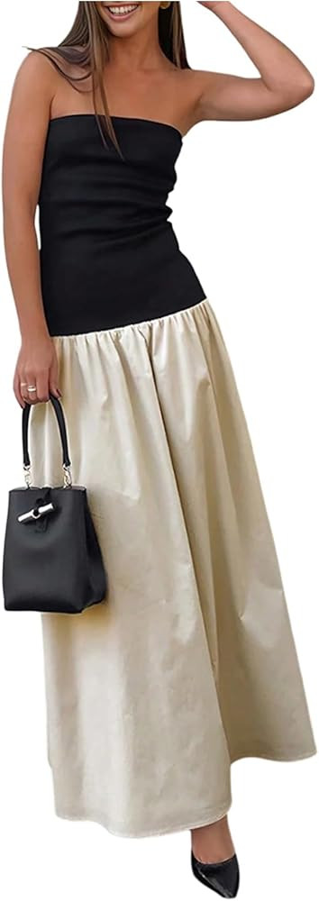 GORGLITTER Strapless Dresses for Women UK 2026 Colorblock A Line Ruffled Wedding Guest Bandeau Ma... | Amazon (UK)