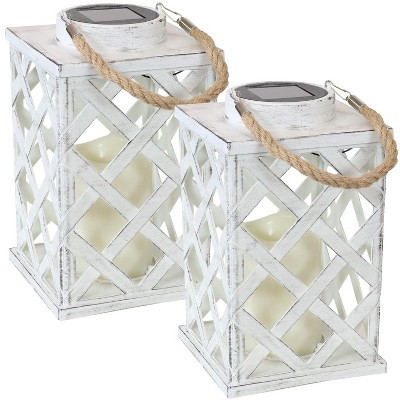 Sunnydaze Outdoor Modern Crosshatch Hanging Tabletop Solar LED Rustic Farmhouse Decorative Candle Lantern - 9" - White - 2pk | Target