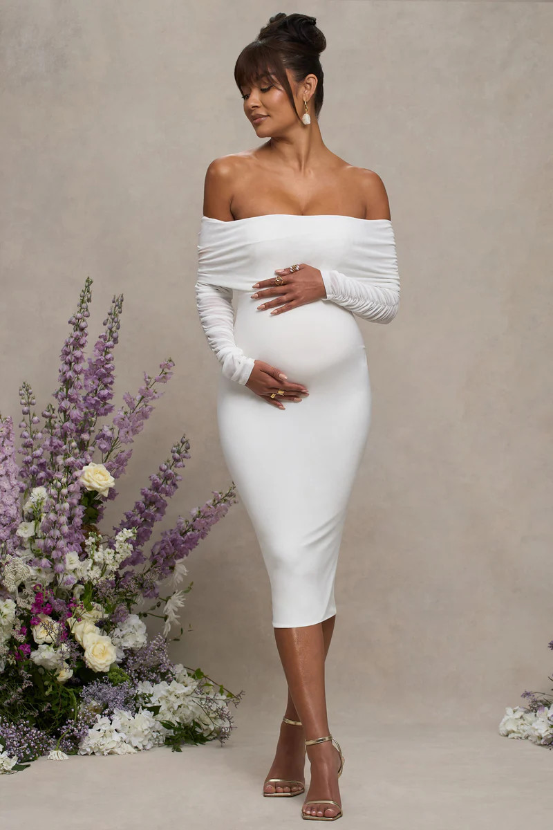 Patiently Waiting  White Maternity Ruched Mesh Bardot Midi Dress | Club L London