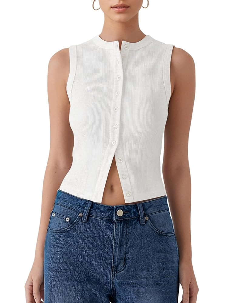 Women’s Button Down Tank Tops Sleeveless Ribbed Crop Summer Button Up Crewneck Vest Shirt Going... | Amazon (US)