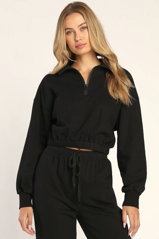 Keep Things Comfy Black Half-Zip Cropped Pullover Sweatshirt | Lulus (US)