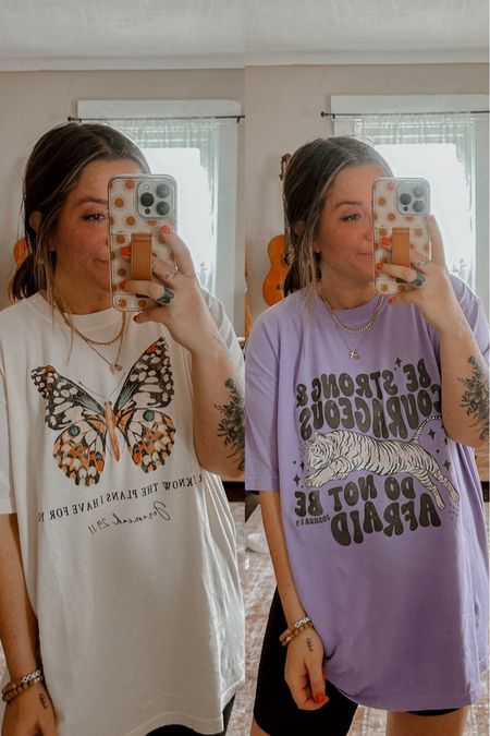Two new oversized Christian graphic tees from Etsy! Boho butterfly graphic tee in XL in ivory — boho tiger tee in purple in XL! Wearing XL for large oversized fit! 

#LTKStyleTip #LTKU