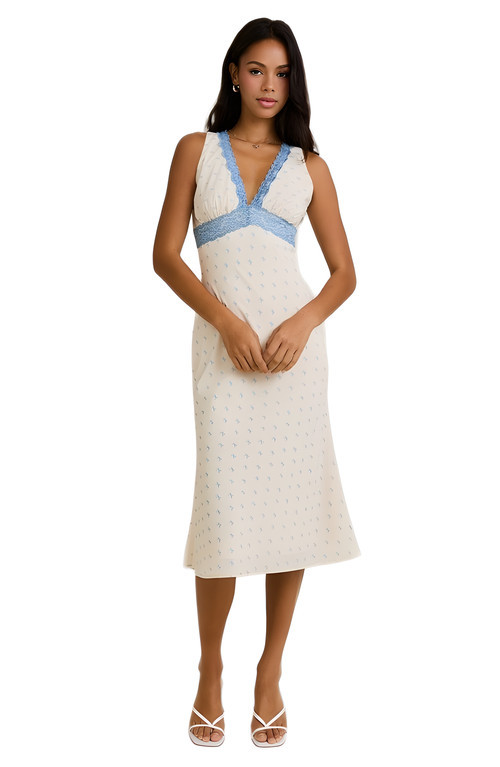 Knit and Lounge Delicate Print Lace Trim Sleeveless Midi Dress in Cream /Blue Lace at Nordstrom, Size X-Small | Nordstrom