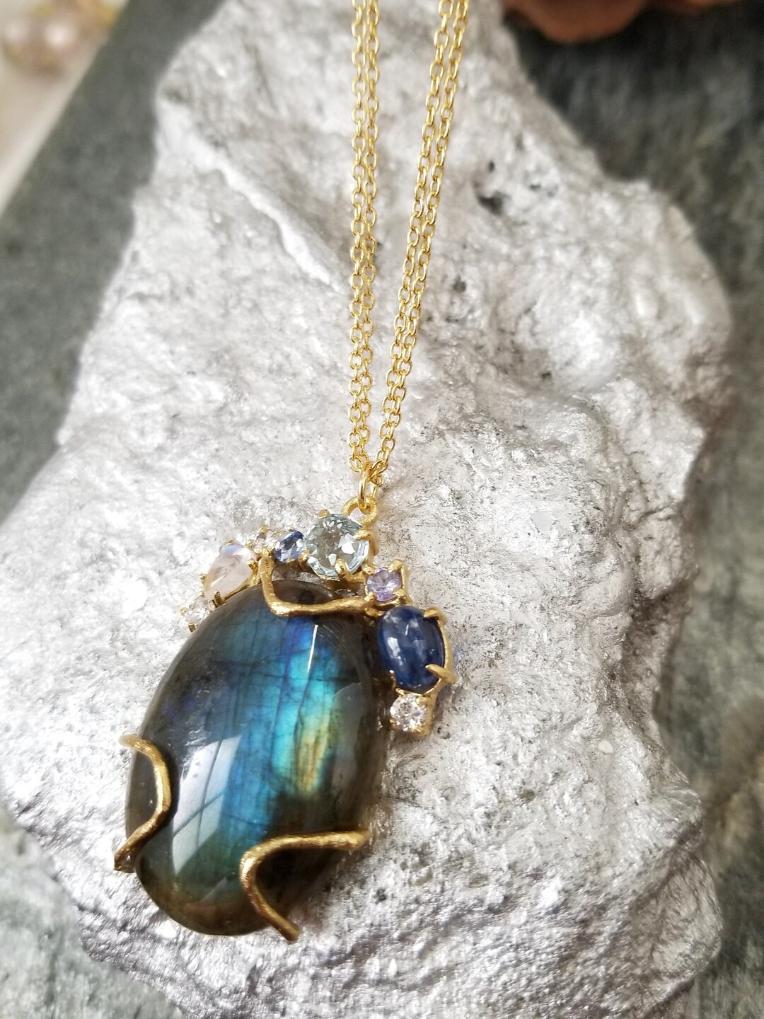Labradorite Large Cabochon, Kyanite, Blue Topaz, Rainbow Moonstone Multi Gemstone Statement Penda... | Etsy (US)