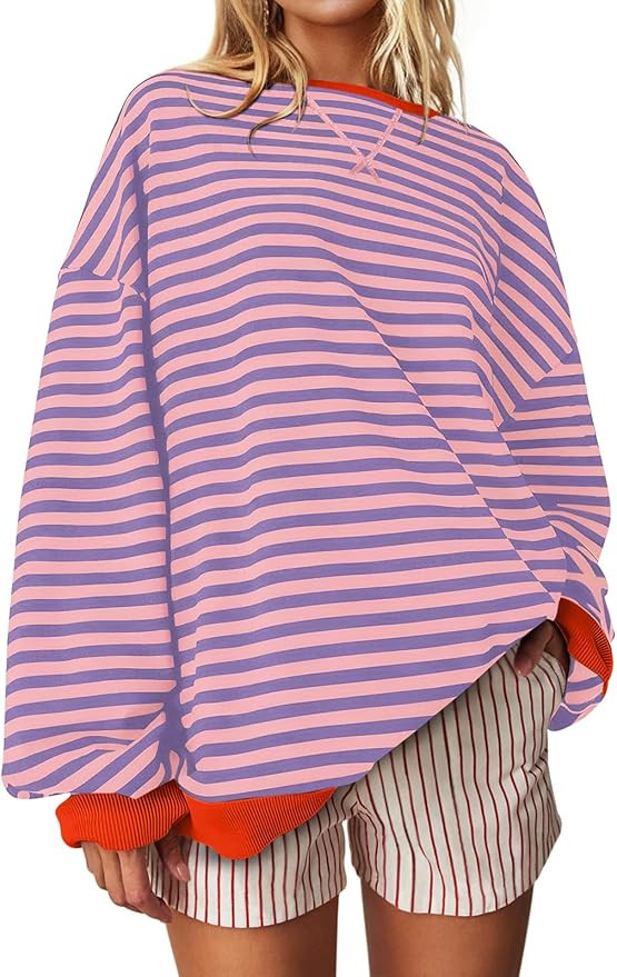 UEU Women Oversized Striped Crewneck Sweatshirt Long Sleeve Color Block Pullover Tops Casual Loos... | Amazon (US)