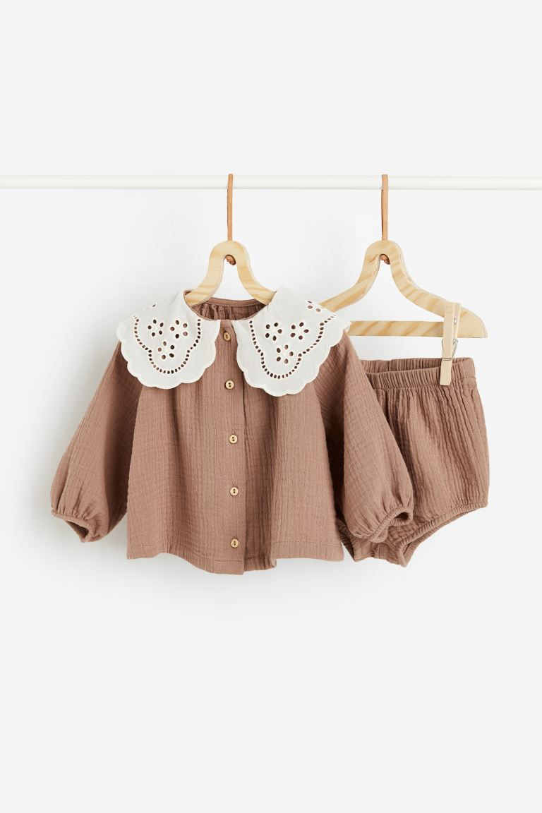 2-piece Blouse and Bloomers Set - Regular waist - Long sleeve - Dark beige - Kids | H&M US | H&M (US + CA)