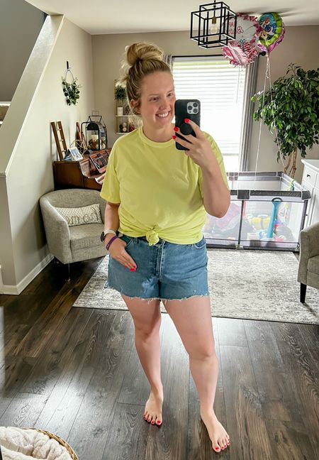 THE mom shorts of summer! Truly the best pair of denim shorts / jean shorts I’ve worn in a LONG TIME! Normally US 12/14 but wearing a 33 (more like a 16) in these. Definitely size up if in between! I’m also 6 weeks postpartum so I wanted them a bit bigger.

Tunic tee in size tall, great for wearing long with biker shorts or knotting up and tying at the waist line of denim or leggings.

#LTKMidsize #LTKSaleAlert #LTKPlusSize