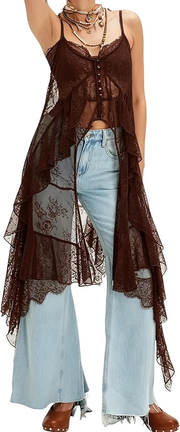 UAURORAO Women Maxi Lace Top Spaghetti Strap See Through Flowy Long Camisole Sleeveless Floral Sh... | Amazon (US)