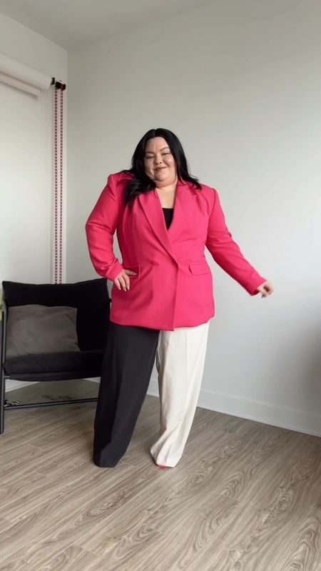 Plus size work outfit from ELOQUII 
Pink strong shoulder blazer size 20 
Contrast black and white pants size 20 
Pink heels from Lane Bryant 

#LTKworkwear #LTKmidsize #LTKplussize