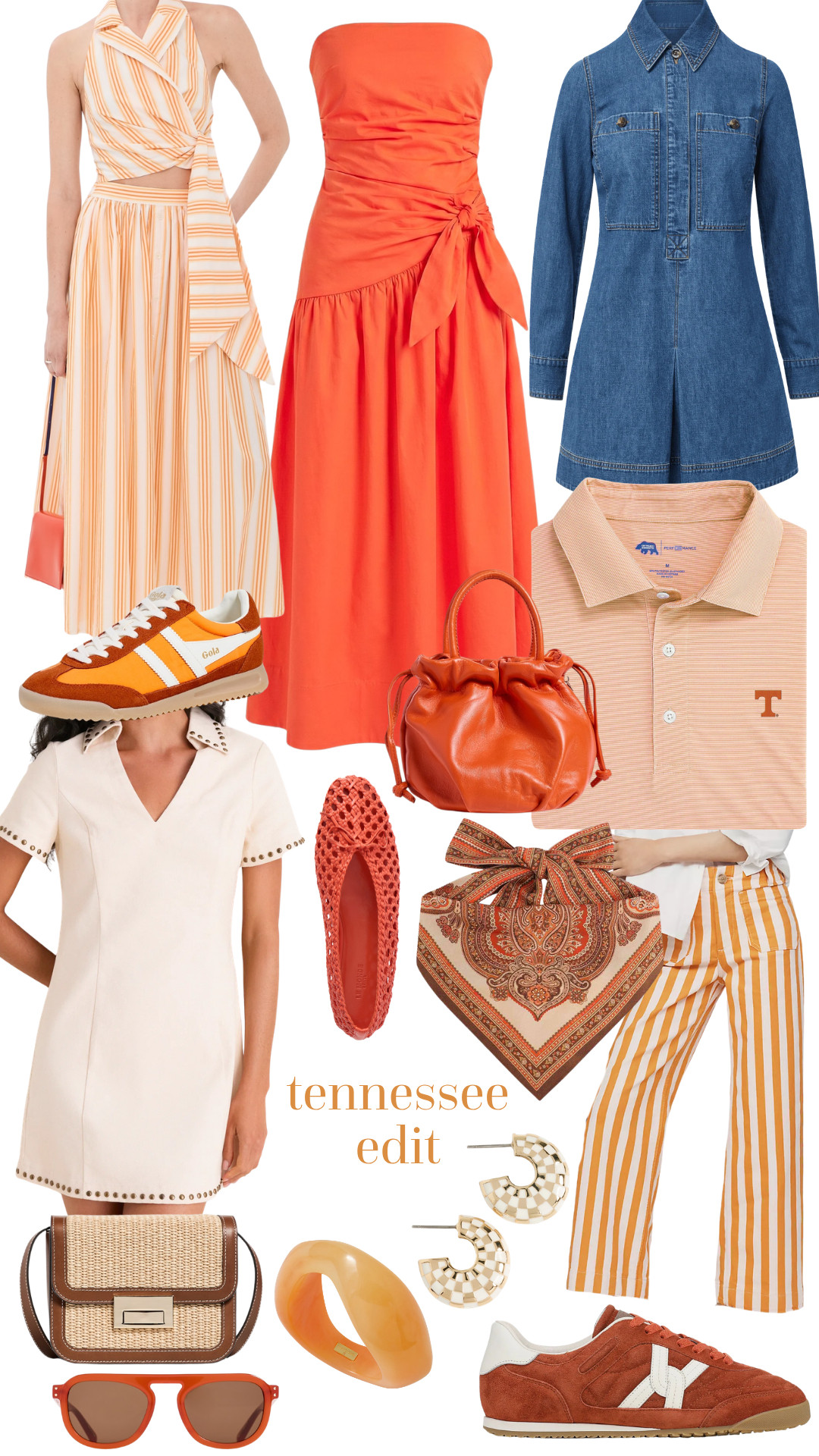tennessee game day, but make it chic! i love mixing the orange with warm browns, denim, and a few softer neutrals so everything still feels really wearable beyond football season. the striped set + orange dress are so fun for tailgating, and the denim romper, sneakers, and woven accessories are perfect if you want something a little more casual. lots of good options here for knoxville weekends, tailgates, and game day dinners!  

 #LTKootd #LTKSeasonal #LTKU